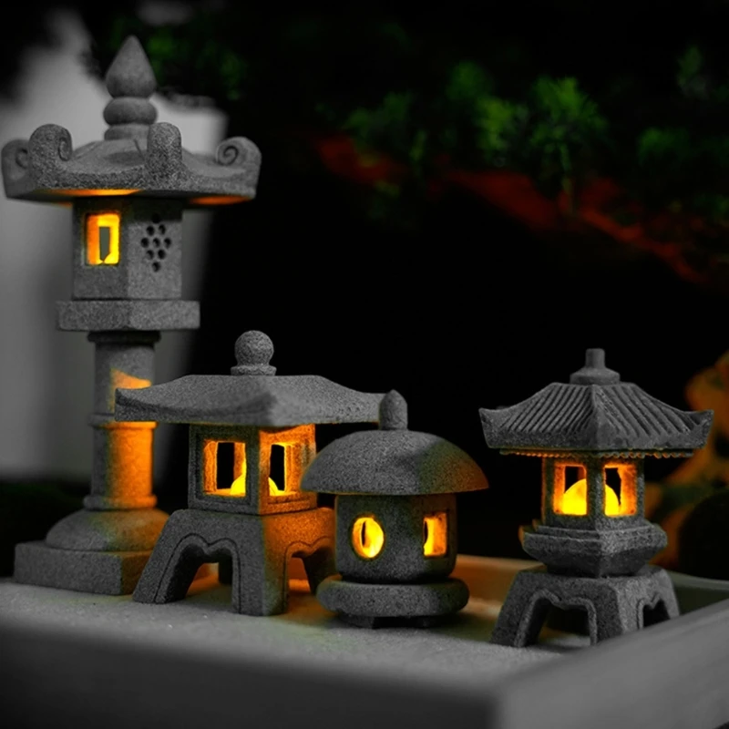Miniature Garden Lantern Decoration with Textured Stone-Look Character for Plant, Sand, and Desktop Displays 37JD