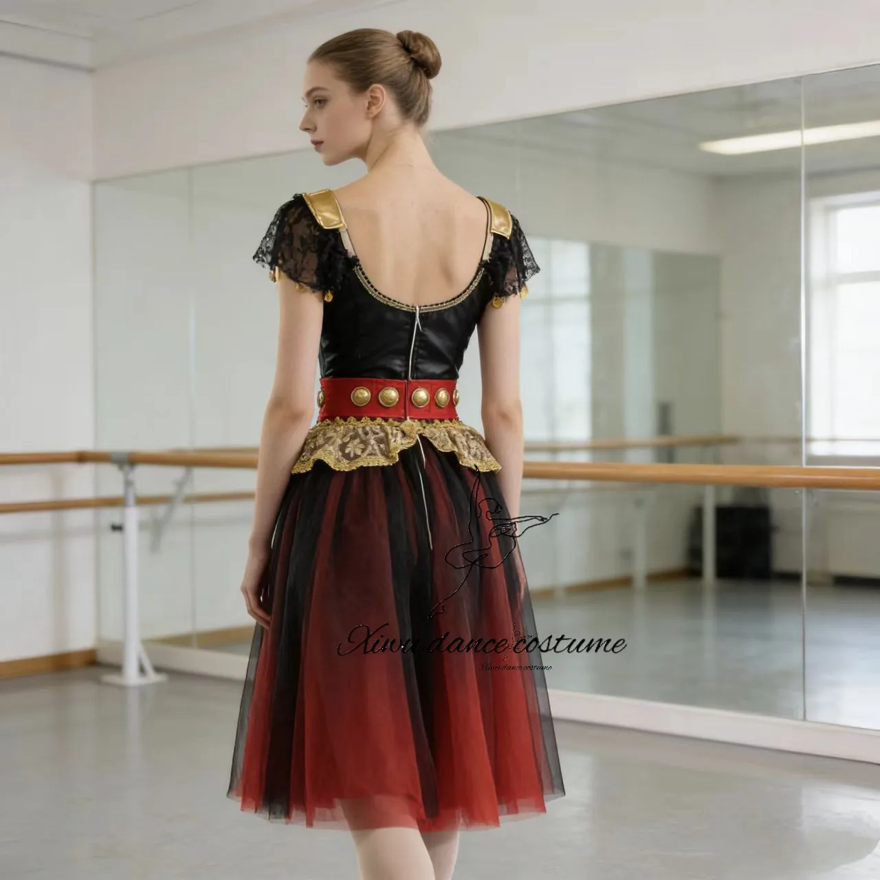 Glamorous Black Red Flamenco Style Ballerina Dress - Gold Embroidered Stage Tutu view 2
