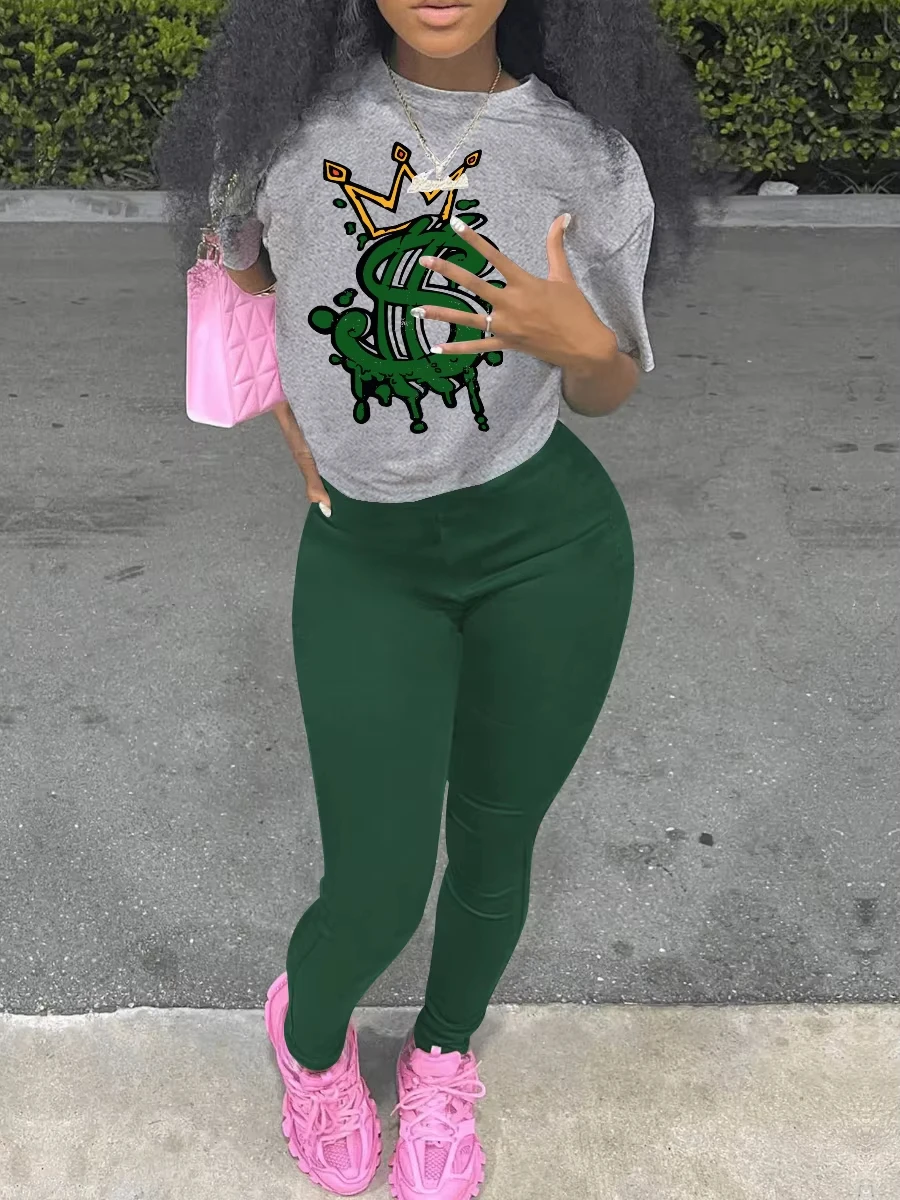 Green Dollar Sign Crown Graphic T-Shirt, Dripping Money Print with Gold Crown, Streetwear Tee for Hip Hop & Urban Fashion Lovers - view 2
