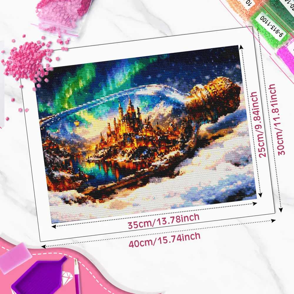 Huacan Full Square Round Diamond Painting Drifting Bottle Aurora Castle Diamond Embroidery Landscape Complete Kit Handmade Gift
