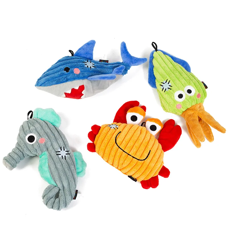 Plush Dog Toy Tropical Sea Series Squid/Seahorse/Shark/ Crab Soft Squeaky Toys Small Large Dogs Puppy Pets Training Accessories