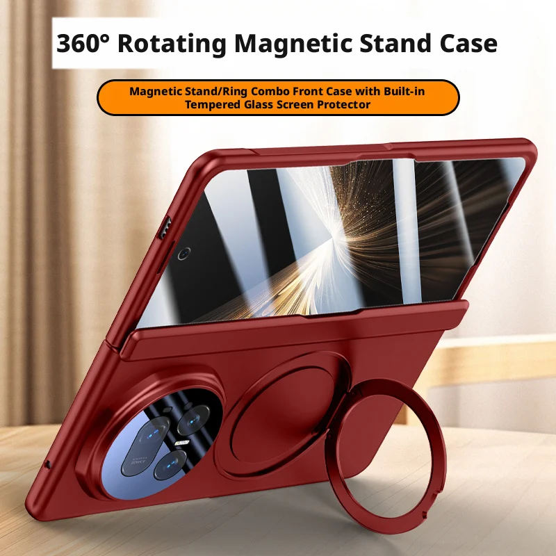 

For Honor Magic V5 Case Skin Friendly Matte Magnetic 360° Rotating Holder Folding Hinge with Film Lens Protection Hard Cover