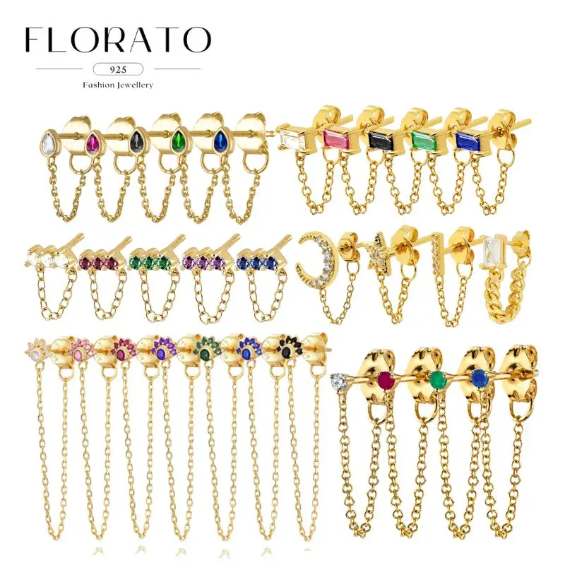 

Womne 925 Silver Needle Water Drops/Geometric Zircon Chain Earrings Colorful Crystal Luxury Earrings Fashion Party Jewelry Gifts