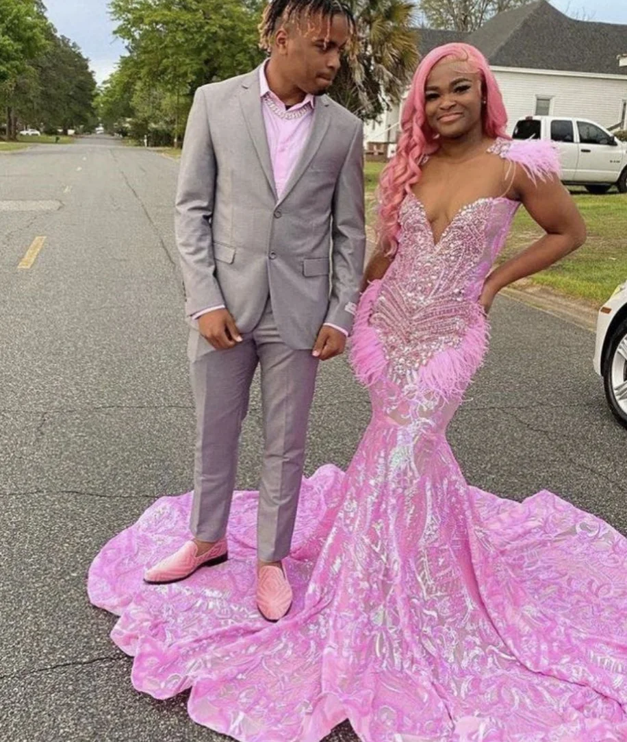 

Sparkly Lace Sequin Crystal Feather Mermaid Prom Dresses Long for Black Girl 2025 Beading Diamond Formal Evening Gown Customized