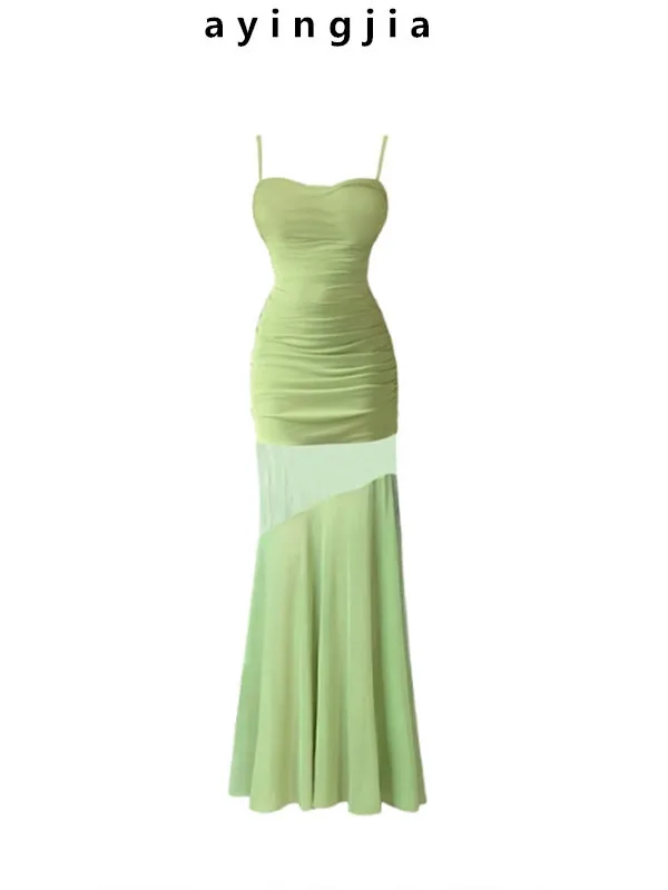

Pure Desire Green Mesh Splice Halter Dress Women's New Waist Slim Fish Tail Long Skirt Soft Medium Summer Season No Sleeve Sl...