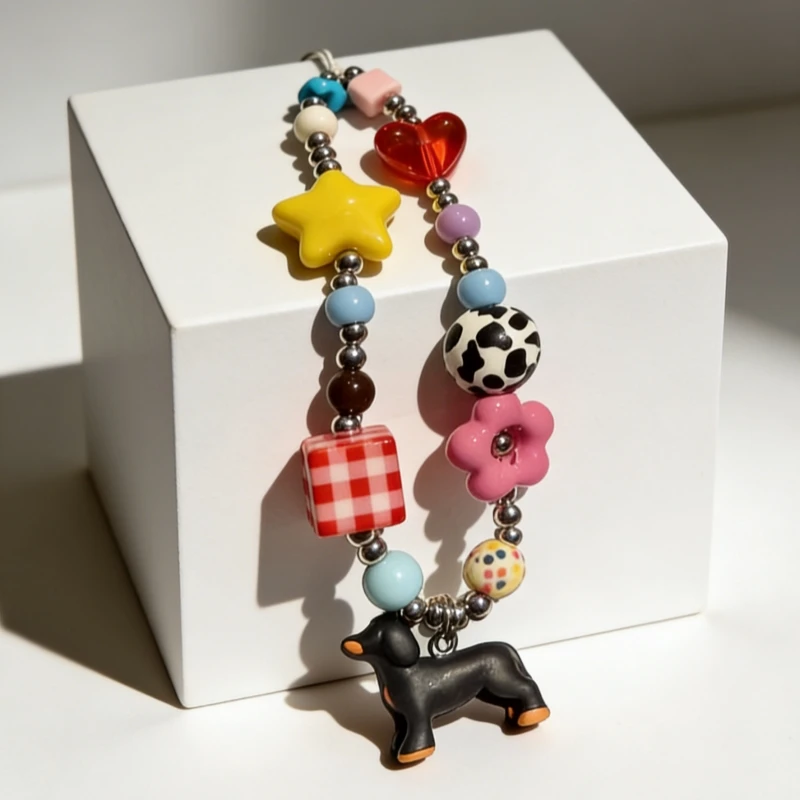 

Dopamine Colorful Beaded Dachshund Phone Charm, Cute Cartoon Star Heart Pendant, Kawaii Anti-lost Strap for Phone & Bag