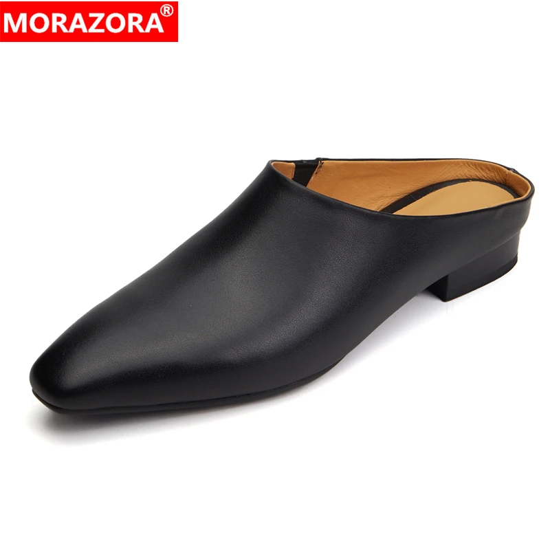 

MORAZORA 2025 New Genuine Leather Shoes Women's Slippers Pointed Toe Low Heels Summer Mules Ladies Office Dress Shoes