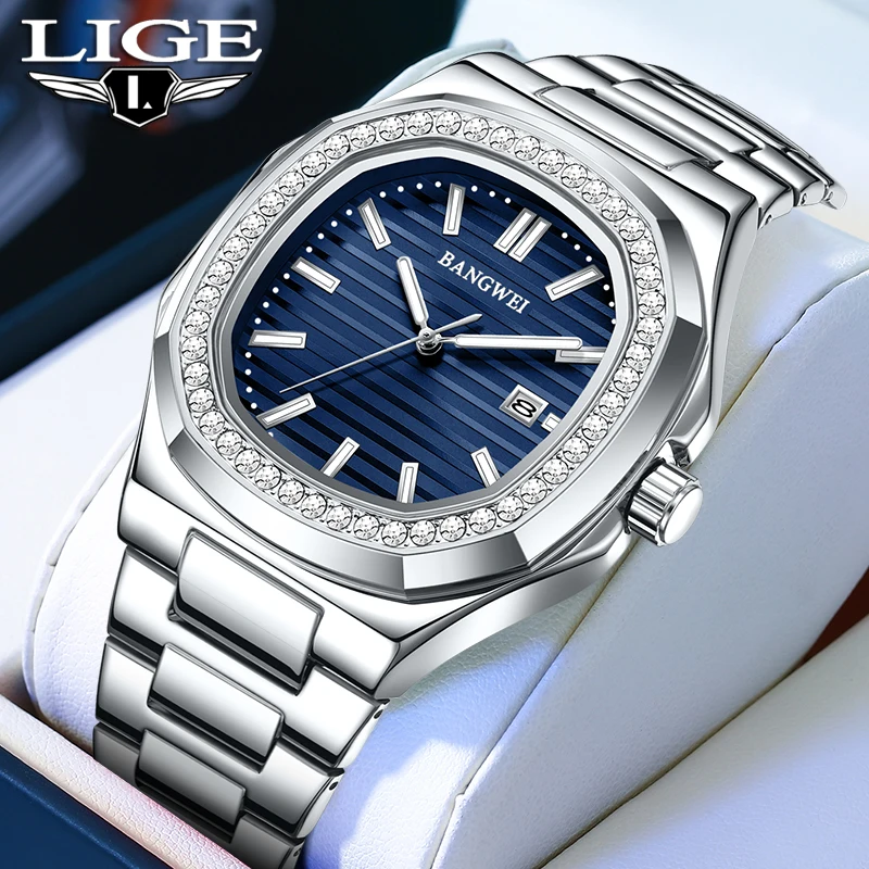 

LIGE 2025 мужские часы с бриллиантами BANGWEI, модные деловые роскошные часы, мужские водонепроницаемые кварцевые наручные часы со светящейся датой, Reloj Hombre