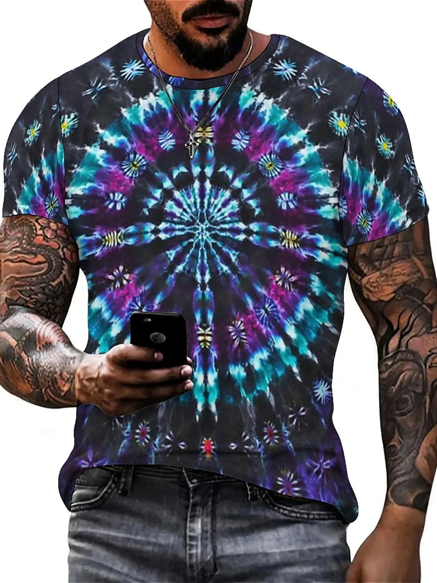 Men's 3D Printed Tie-Dye T-Shirt with Geometric Art Pattern - Vibrant Blue Purple Pink Yellow Green on Black