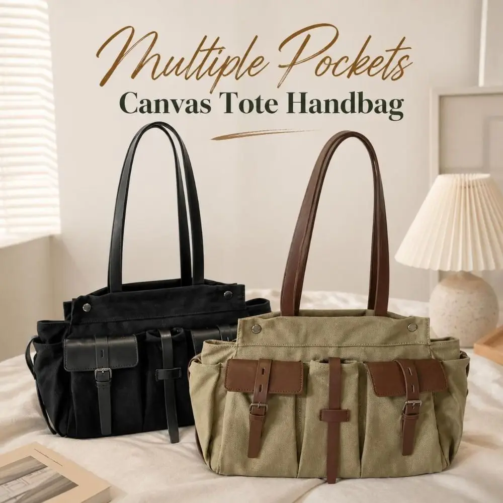 Multi Pocket Canvas Tote Handbag Durable Large Capacity Utility Shoulder Bag Lightweight Versatile Vintage Crossbody Satchel