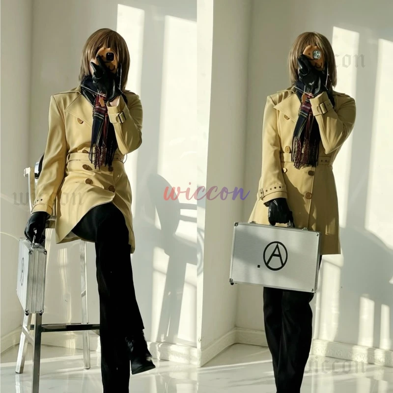 Game Persona 5 P5 Akechi Goro Cosplay Costume Wig Winter Version Coat Brownish Yellow Uniform Men Wig Scarf Coat Customized