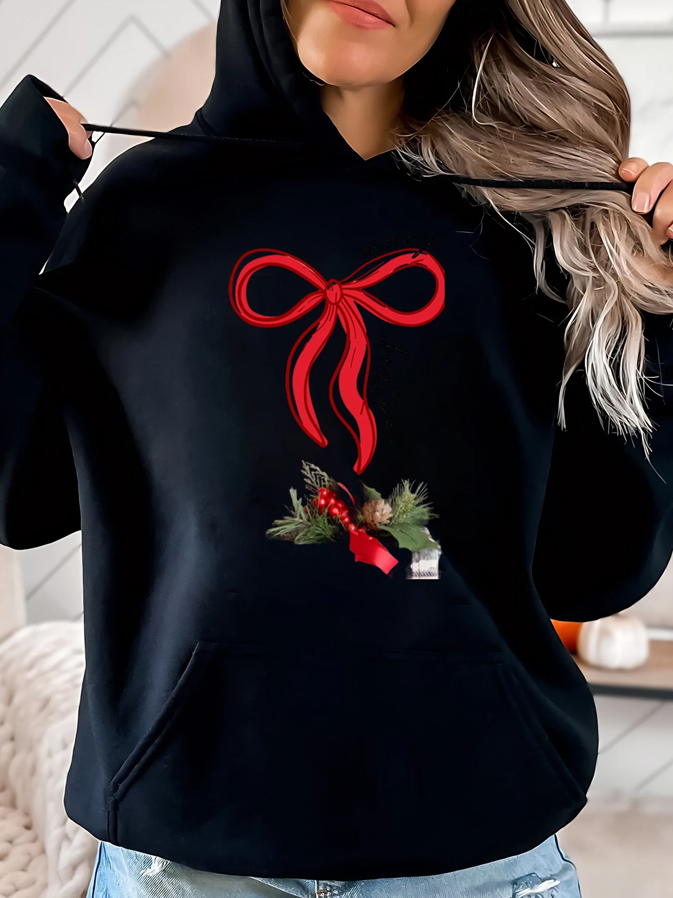 

Рождественская толстовка с капюшоном с красным бантом и принтом Holly, женская праздничная повседневная одежда, черная, больших размеров