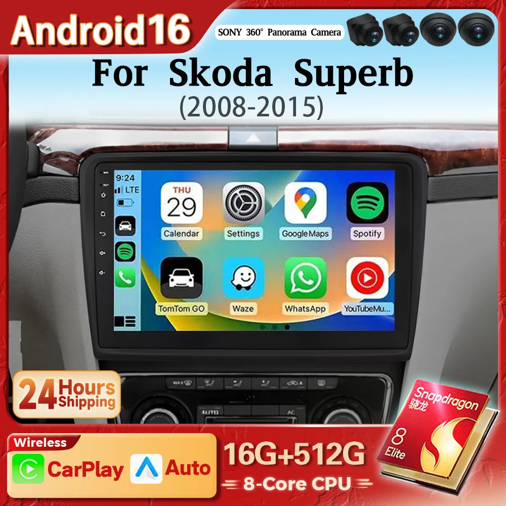 Android 16 Carplay Auto 2K Bildschirm Autoradio Multimedia Player für Skoda Superb 2 2008 2007 - 2015 Autoradio GPS Qualcomm Stereo
