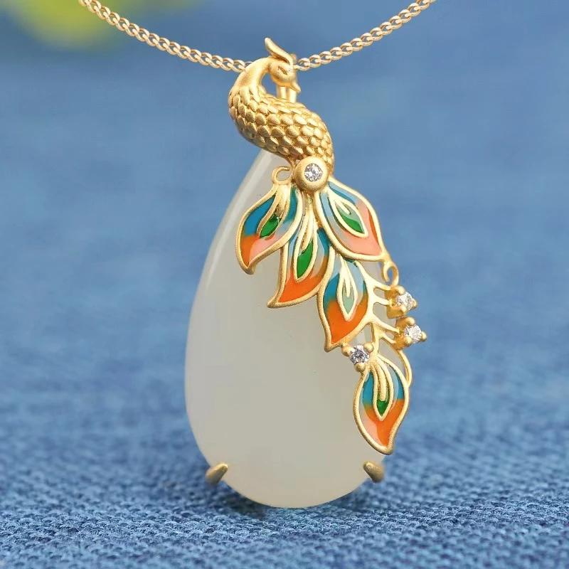 Classic Enamel Porcelain Inlaid Zircon Natural Hetian Jade Oval Peacock Necklace Exquisite Light Luxury Ladies Silver Jewelry