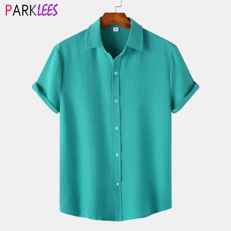 

Mens Short Sleeve Button Up Beach Shirts Linen Cotton Hawaiian Tops Plain Summer T Shirt with Pocket