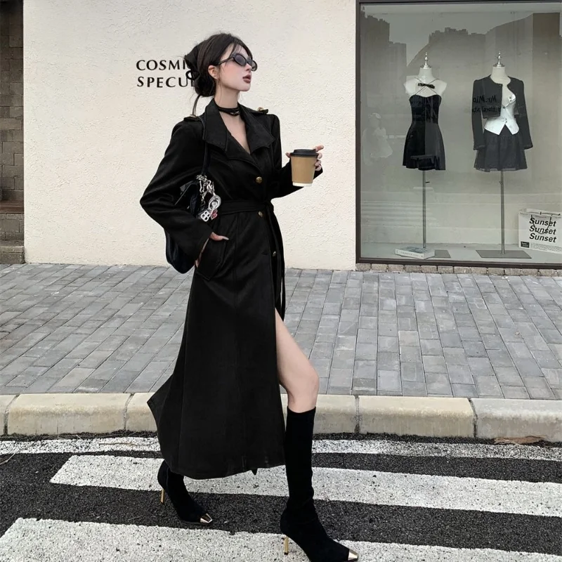 معطف كوري أنيق من جلد البولي يوريثان باللون الأسود سترات نسائية طويلة غير رسمية لسائقي الدراجات النارية Y2k ملابس خروج نسائية عتيقة ملابس الخريف #5