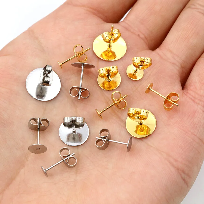 50-100pcs/lot Gold Stainless Steel Earring Studs Blank Post Base Pins With Earring Plug Findings Ear Back For DIY Jewelry Making