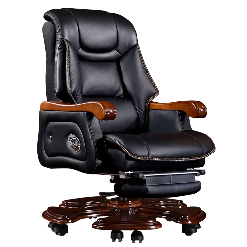 Swivel Office Chair Luxury Leather Solid Wood Legs Roller Stretch Executive Recliner Office Chair