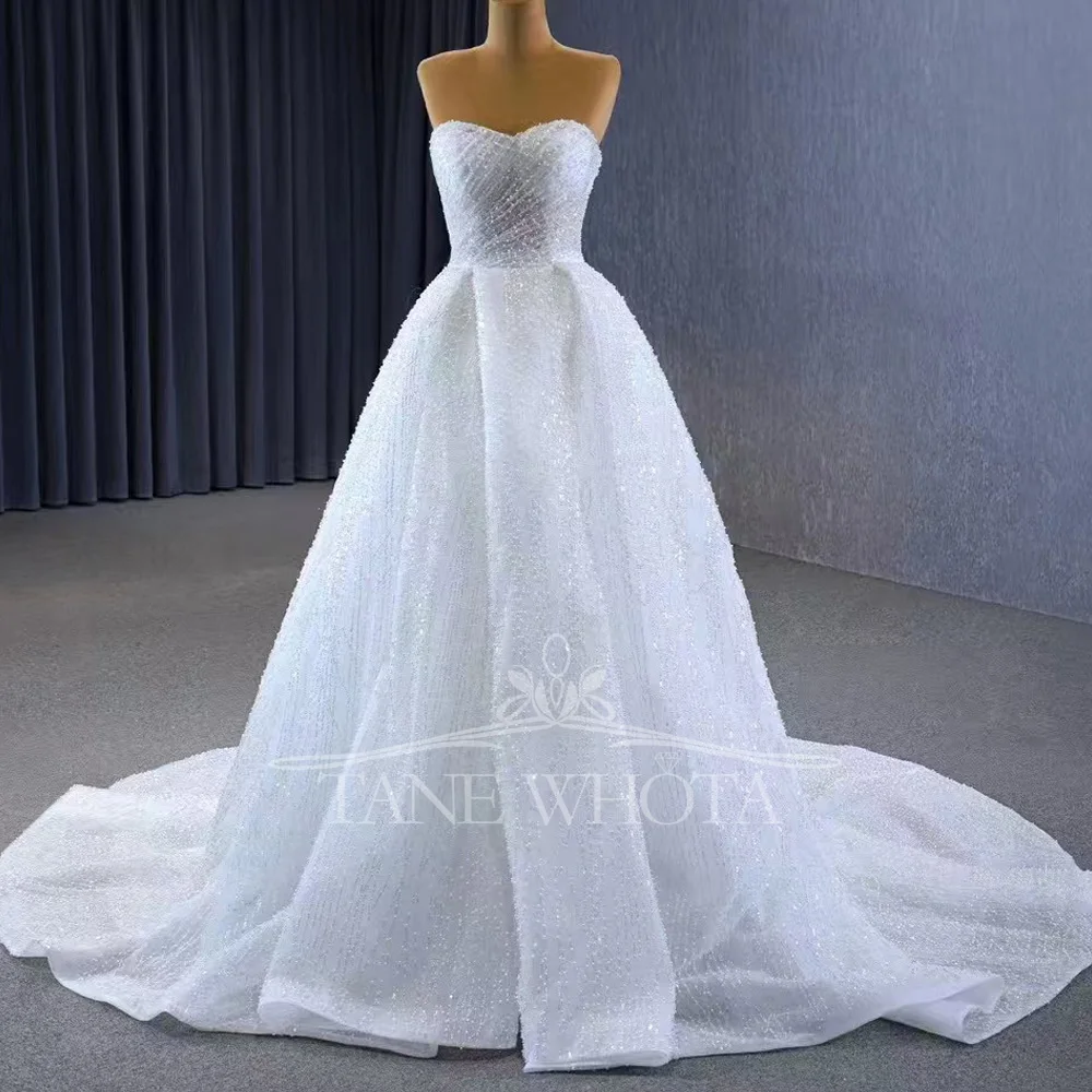 A Line Wedding Dress Sweetheart Sleeveless Lace Up Back Robe De Mariage Beading Sequined Pearls Bridal Dress
