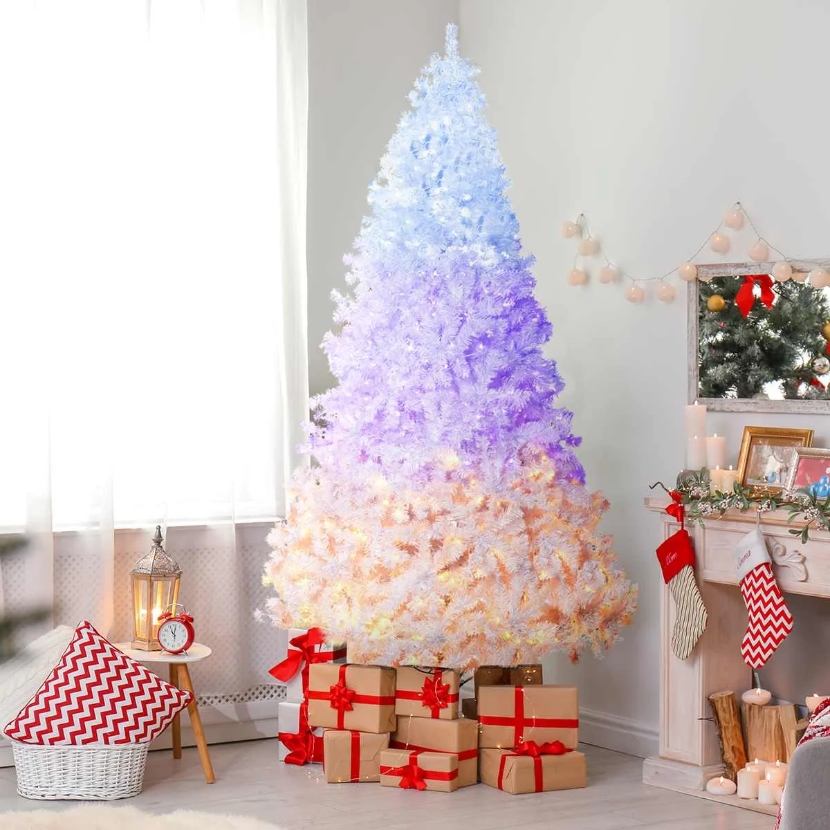 White Christmas Tree Auto Tree 7.5ft 100cm Base 1450 Branches Infinite Light+3-Tier Light 8 Flashing Modes