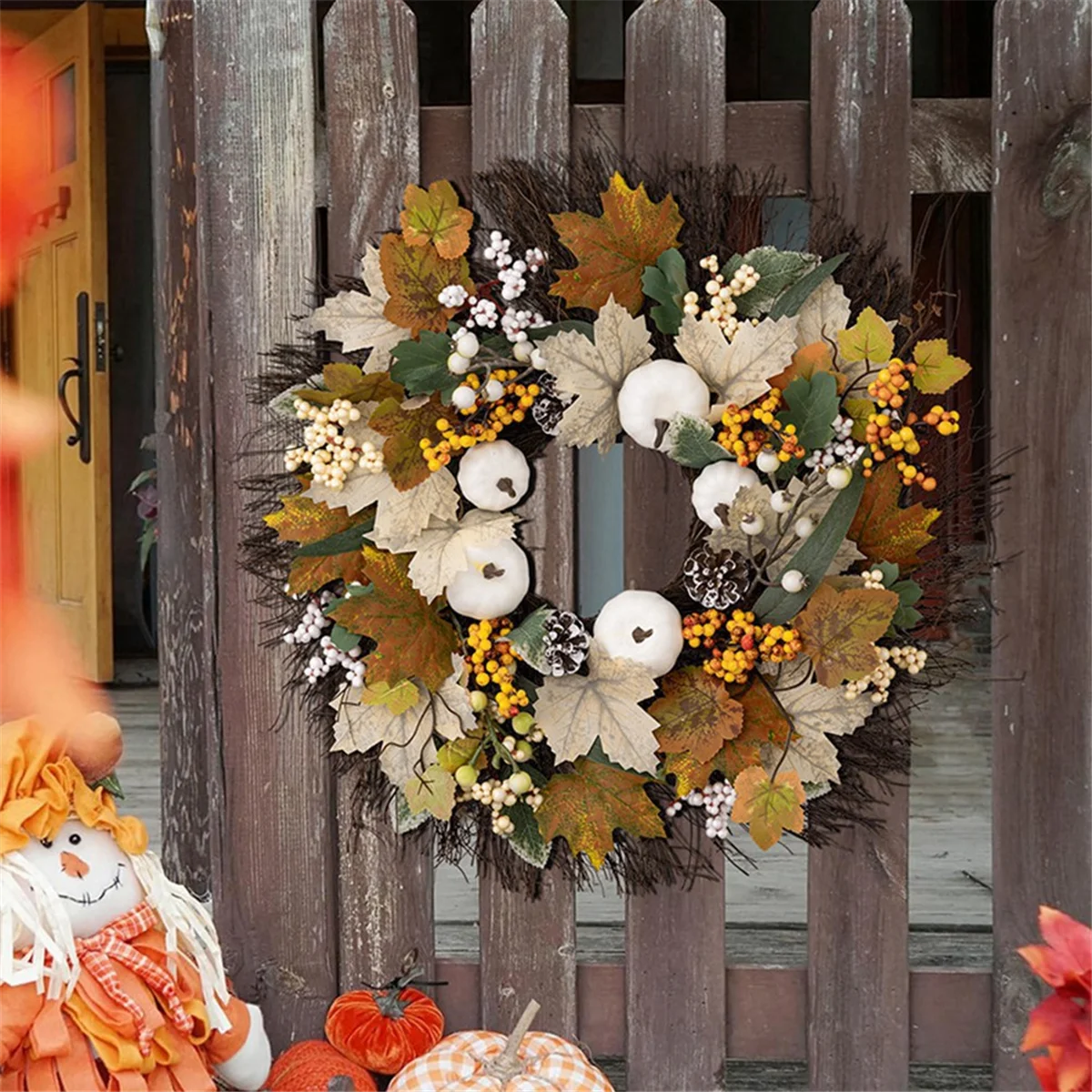 Autumn Thanksgiving Decorations Harvest Season Maple Leaf White Pumpkin Wreath Porch Wreath Pendant