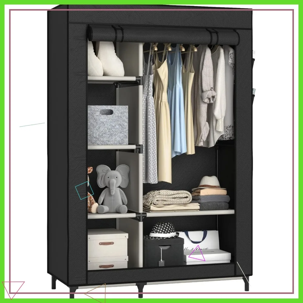 

Portable Closet Wardrobe with 6 Shelves and Hanging Rail, Non-Woven Fabric, Easy Assembly, Black