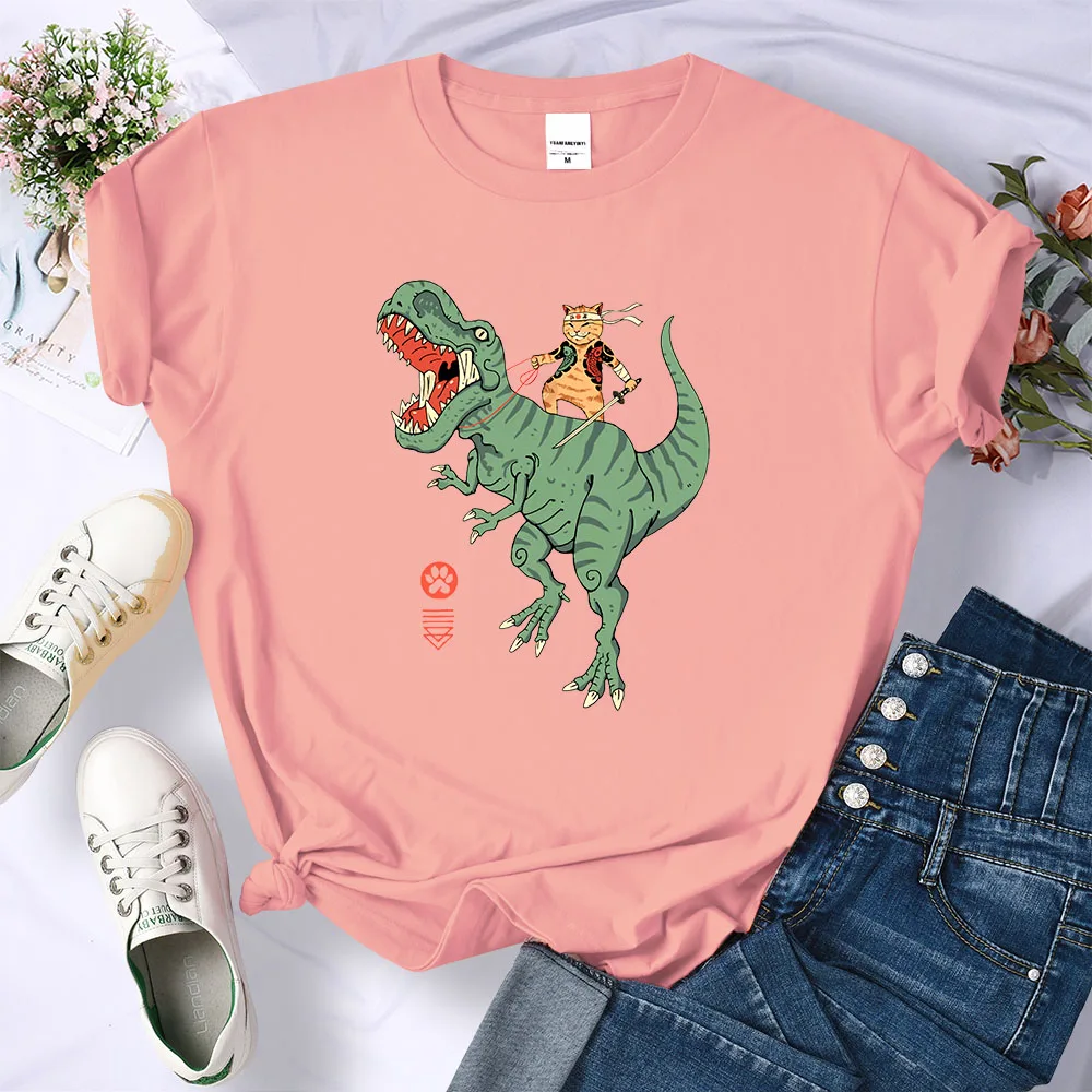 Ukiyo-E Style T-Rex Catana Japanese Manga Tee Shirt Fashion Casual T Shirts Loose Sport Tops Personality Summer Womens Clothing 