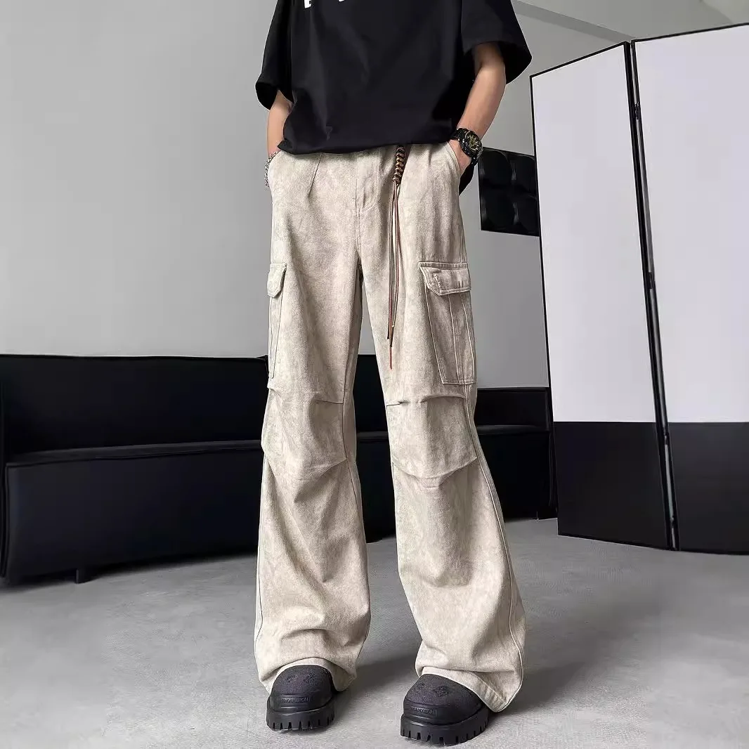 

American Retro Paratrooper Pants Men's Trendy Brand Large Pocket Loose Casual Pattern Work Clothes Wide-leg Trousers