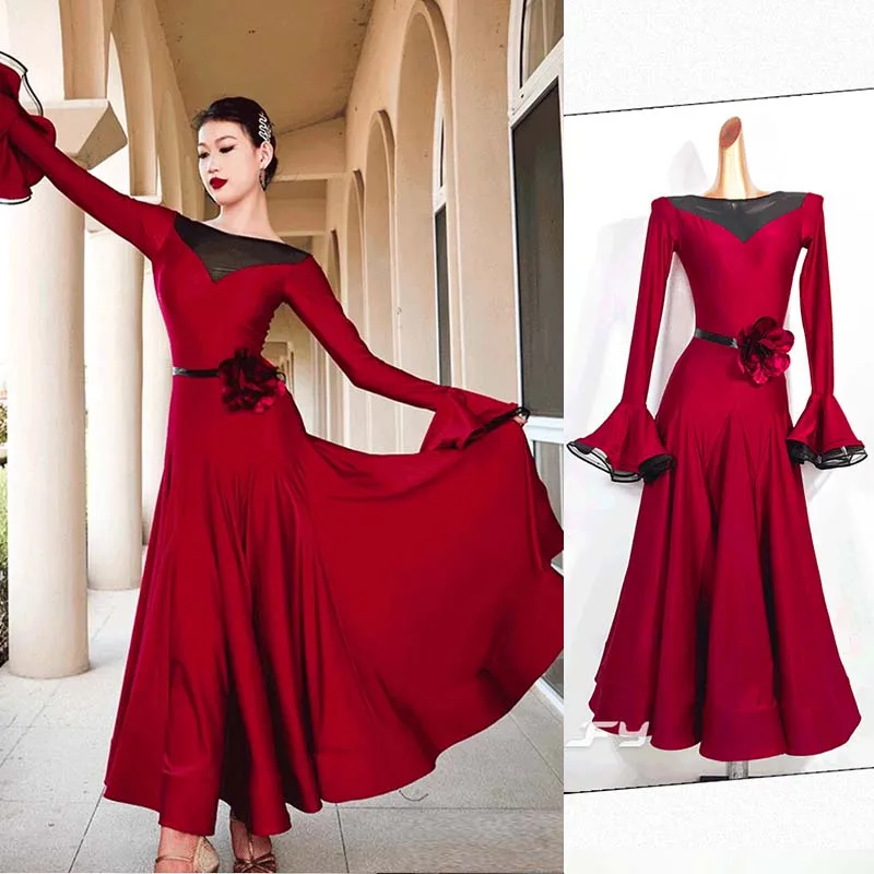 

Red Ballroom Dance Dress Women Black Elegant Ball Gown Standard Dresses Waltz Tango Competition Costume Felame Dancer Wear L1096