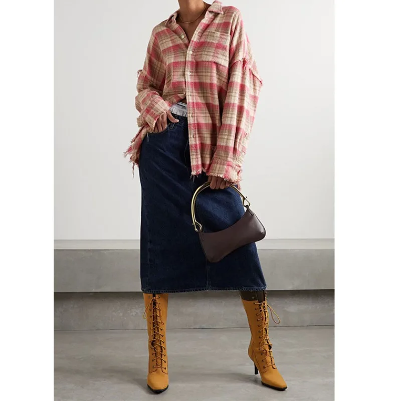 

Autumn and Winter Frayed Fringed Fringed Pink Plaid Curved Sleeves Loose Shirt Women Tops