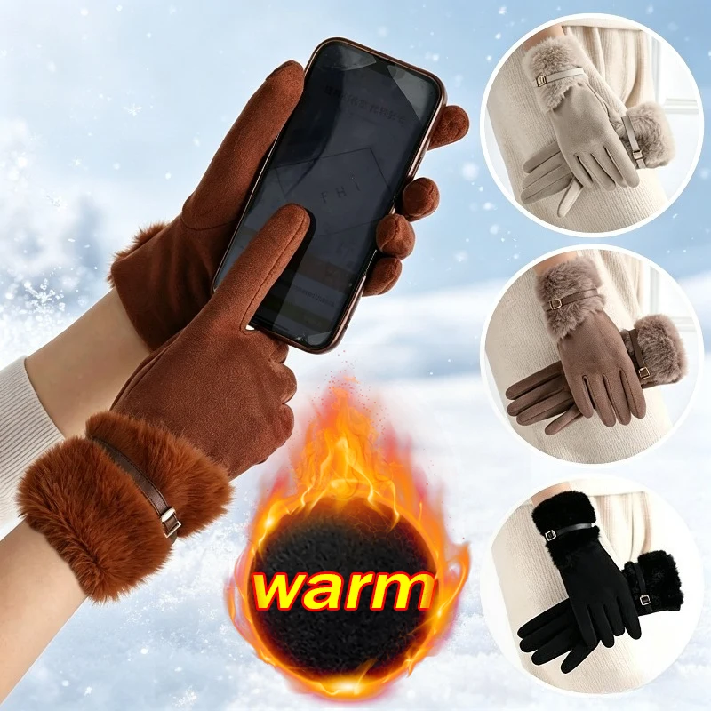Classic Solid‑color Suede Texture Gloves Mittens Thick Warm Hand Protector Gloves Women Winter Casual Daily Outfit Matching Gear