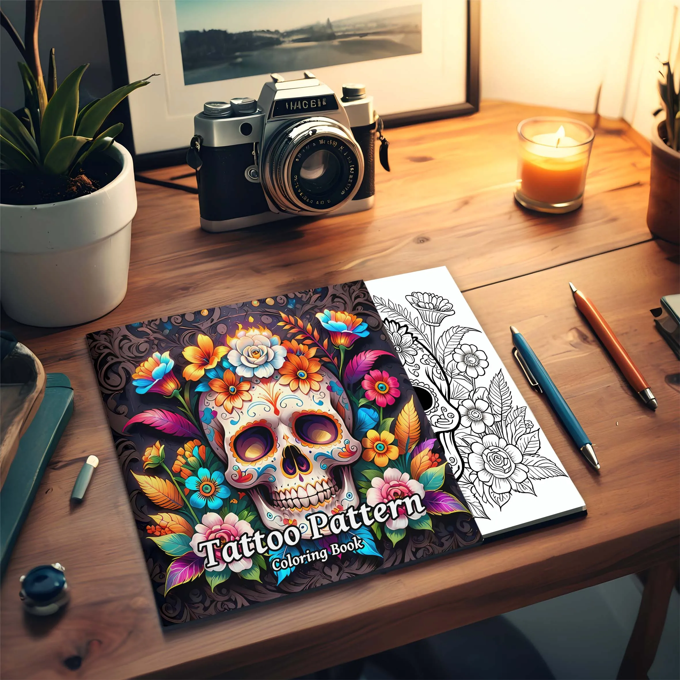 Tattoo Pattern Coloring Book For Adults And Teens Skull in Rose Abstract Artistic Expression Hand Drawing Colouring Book