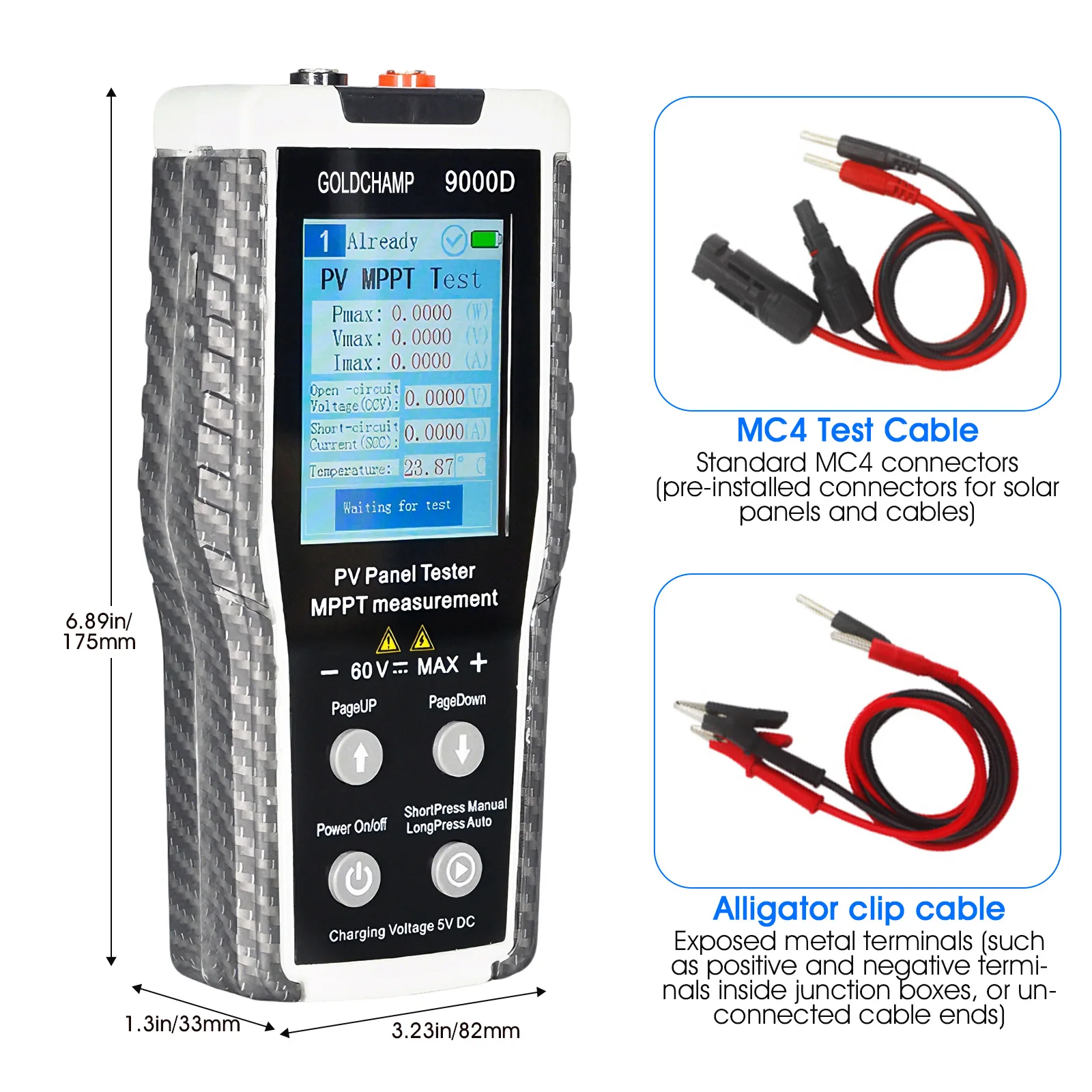 

9000D Photovoltaic Panel Tester for Technician Installer MPPT Voltage Current Power Analyzer 800W 60V 35A Probe Clip Cable