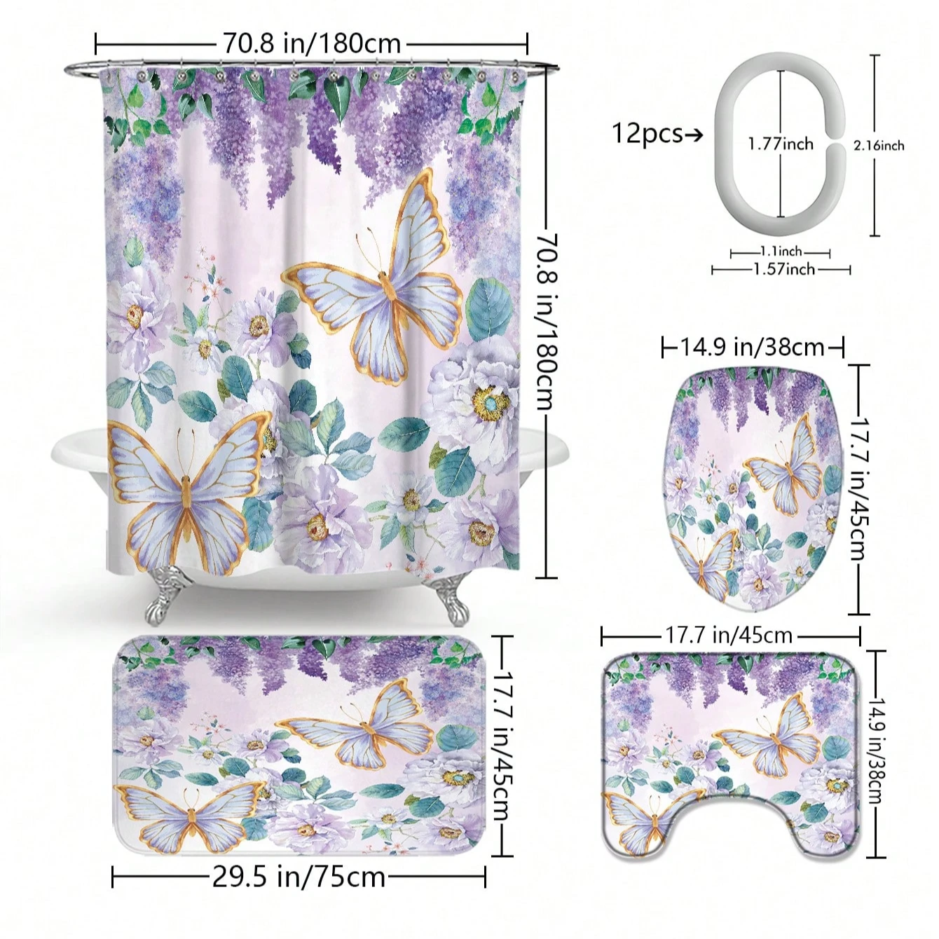 Home 4pcs Butterfly & Lavender Multifunctional Bathroom Set: Waterproof Shower Curtain Suitable For All Bathroom Scenarios