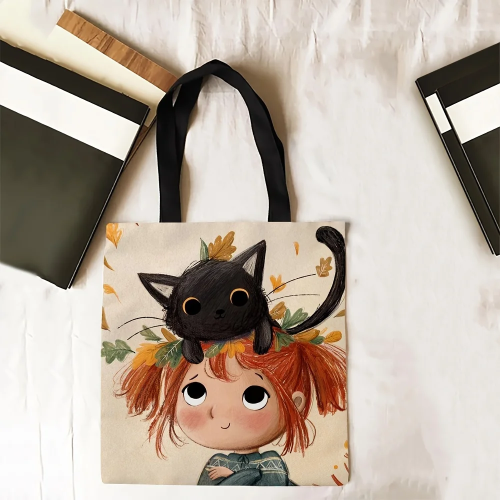 Cartoon Girl Black Cat Print Handbag, Cute Shoulder Bag And Daily Casual Shopping Bag Daily Handbag Multi-functional