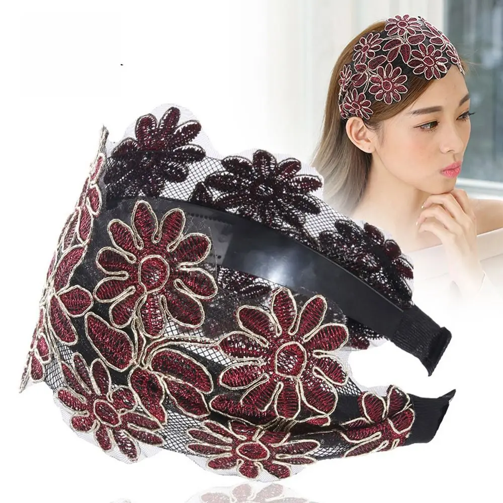 Vintage Embroidery Lace Flower Hair Hoop Wide Side Hairbands Women Mesh Adjustable Non Slip Elegant Headwear