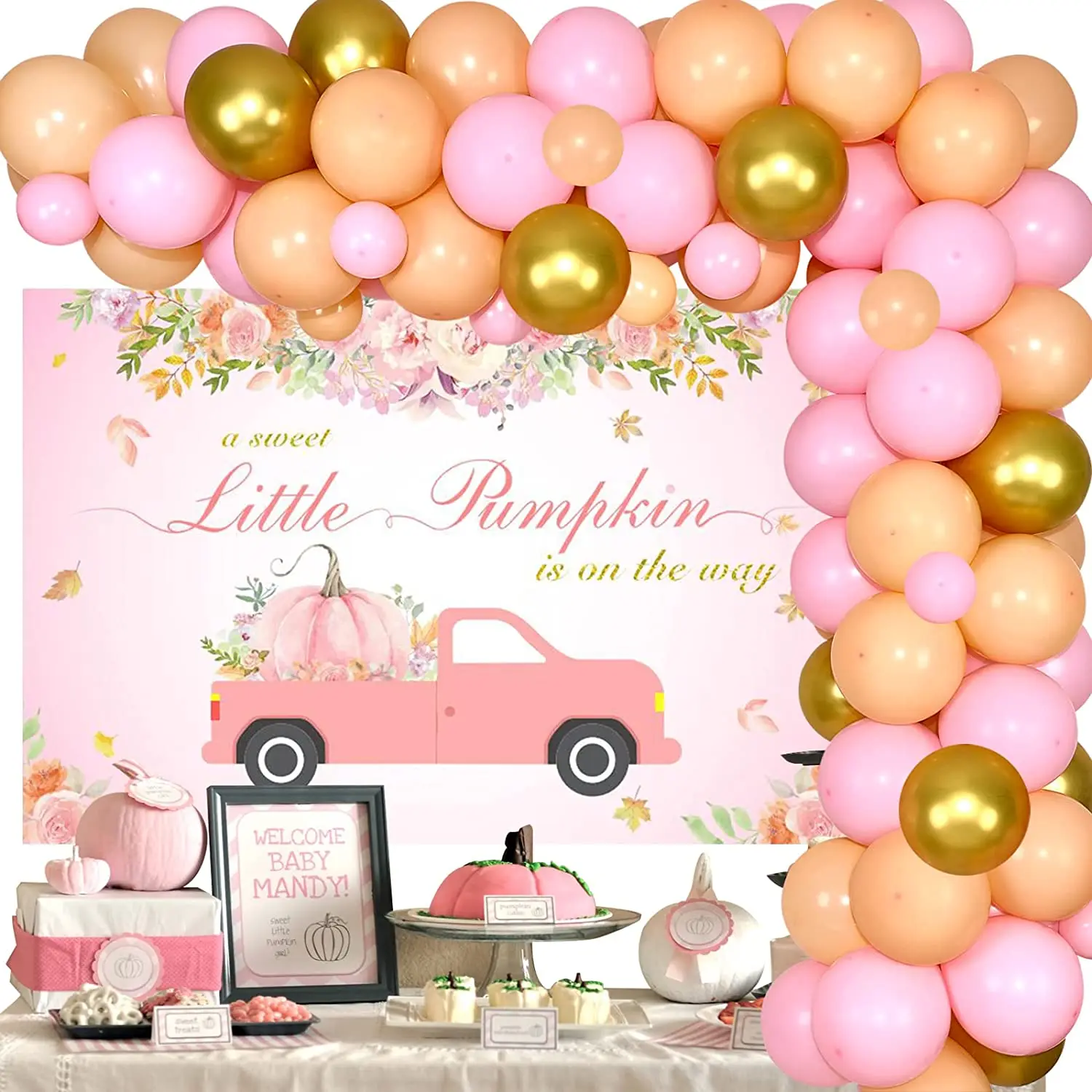 

JOYMEMO Little Pumpkin Baby Shower Decorations for Girl A Sweet Little Pumpkin Is on The Way Backdrop Pink Balloon Garland Kit