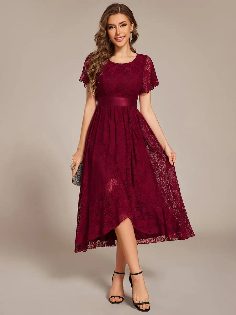 

Classics Evening Dresses Round neck Short Sleeve Asymmetrical Hem Knee-Length 2025 Ever Pretty of Burgundy Wedding Guest Dress