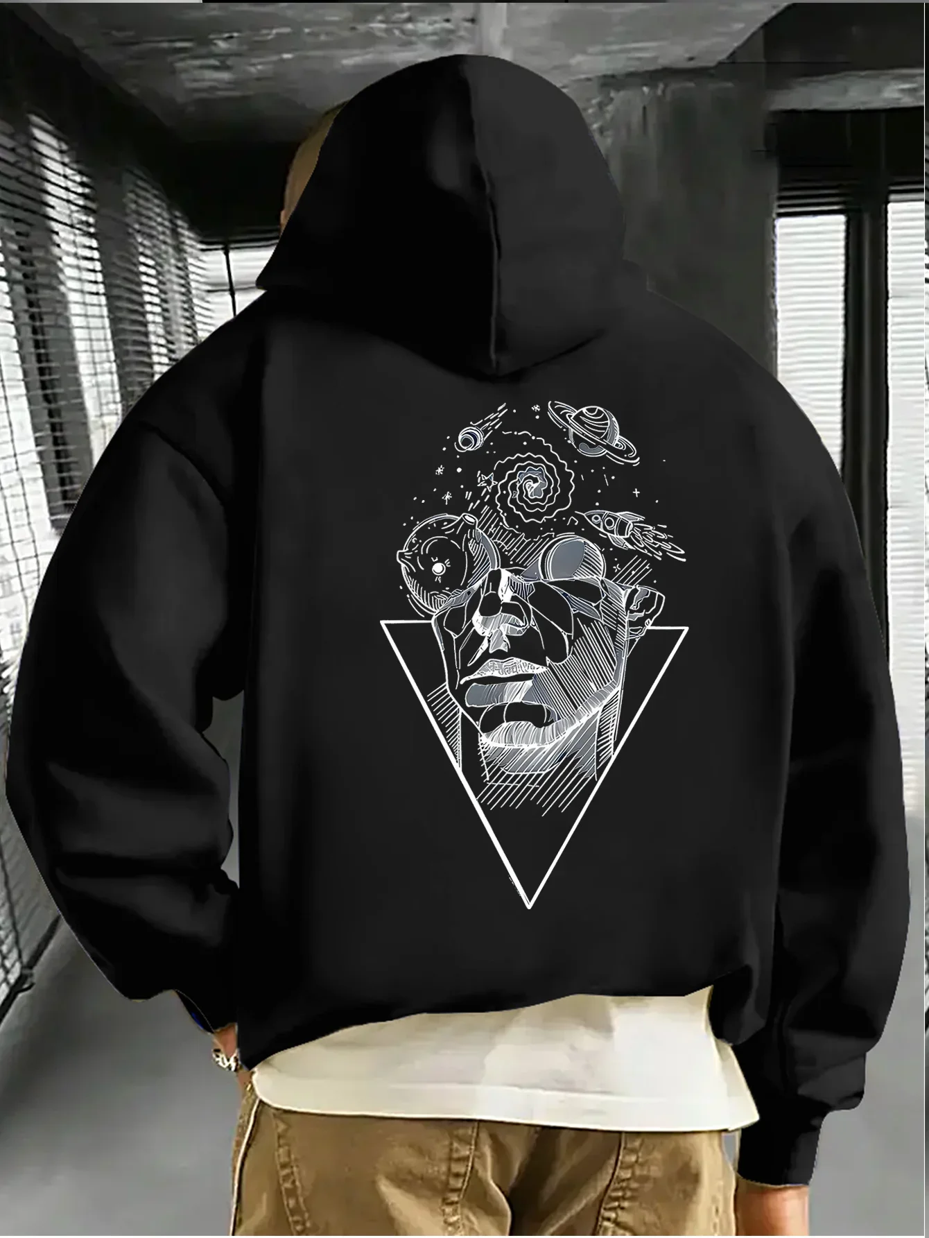 Men Trendy Abstract Cosmic Triangle Theme Oversized Pullover Hoodie Fleece Lined Autumn Winter Hip‑Hop Urban Fashion Sweatshirt