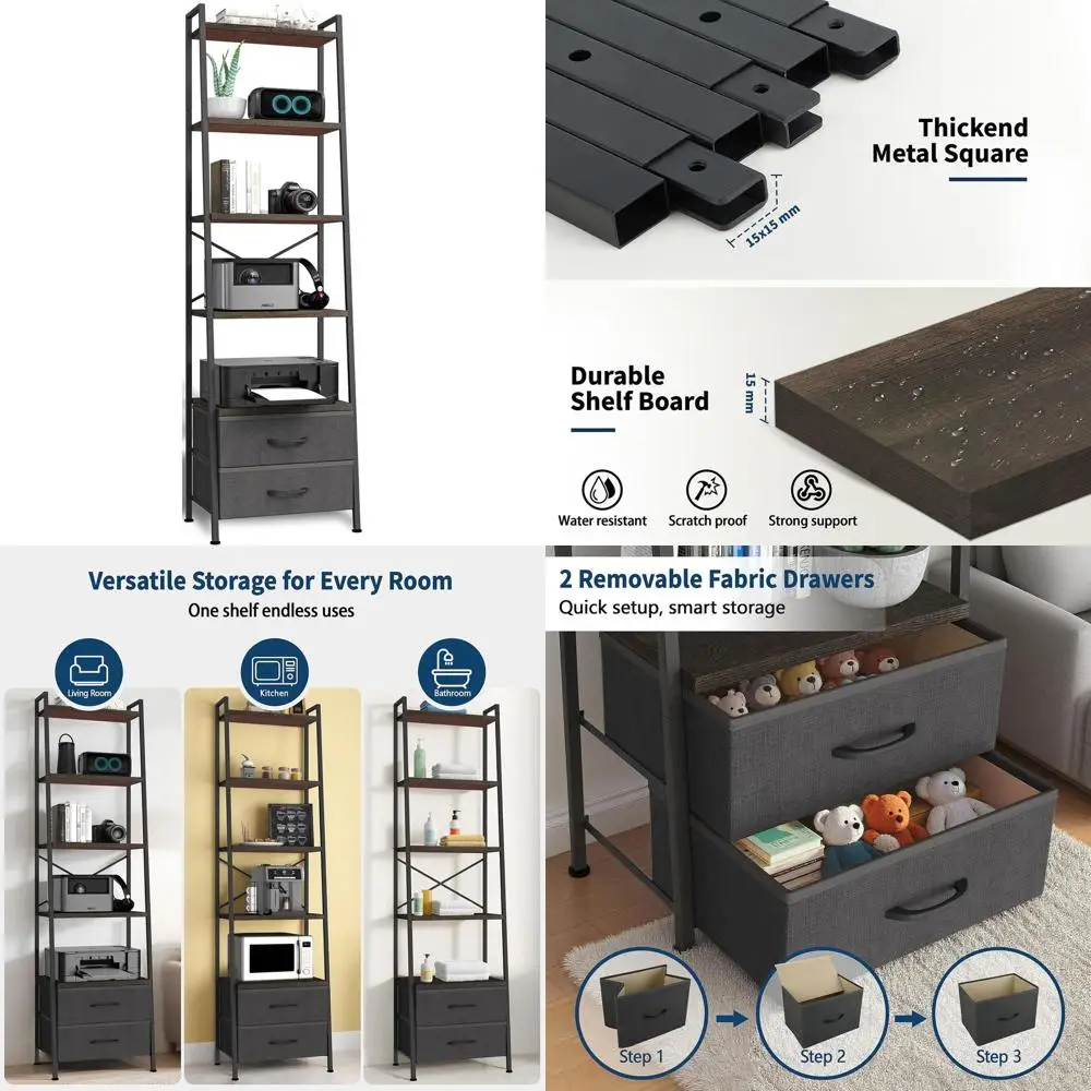 

5-Tier Bookshelf with 2 Drawers, Narrow Display Shelving Unit, Metal and Wood, Ideal for Living Room, Bedroom, Bathroom, Home Of