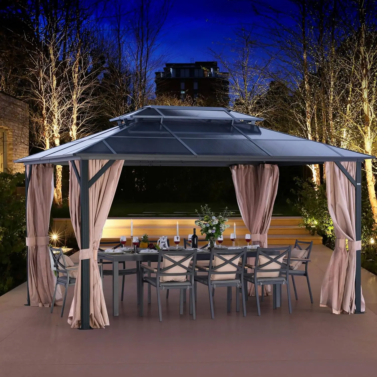 

10' X 13' Outdoor Hardtop Gazebo with Double Roof Canopy Polycarbonate Breathable Netting Privacy Customized Permanent