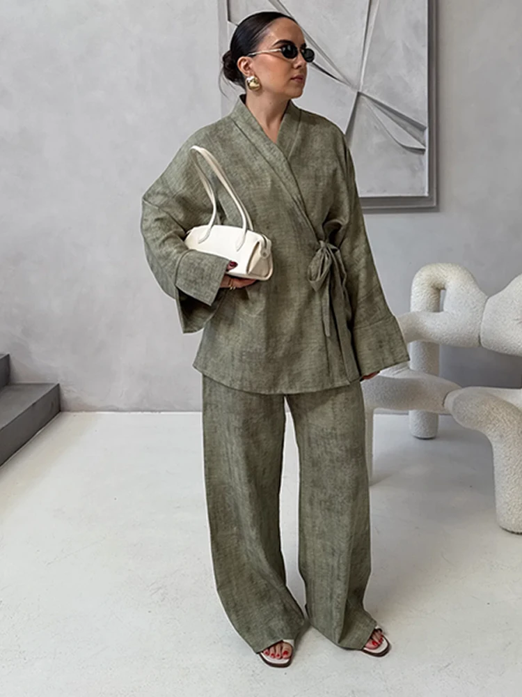 

Casual Shirt Pant Set Women Loose V-neck Long Sleeves Lace Up Oversize Top Wide Leg Pants 2025 Spring Summer Vintage Lady Outfit