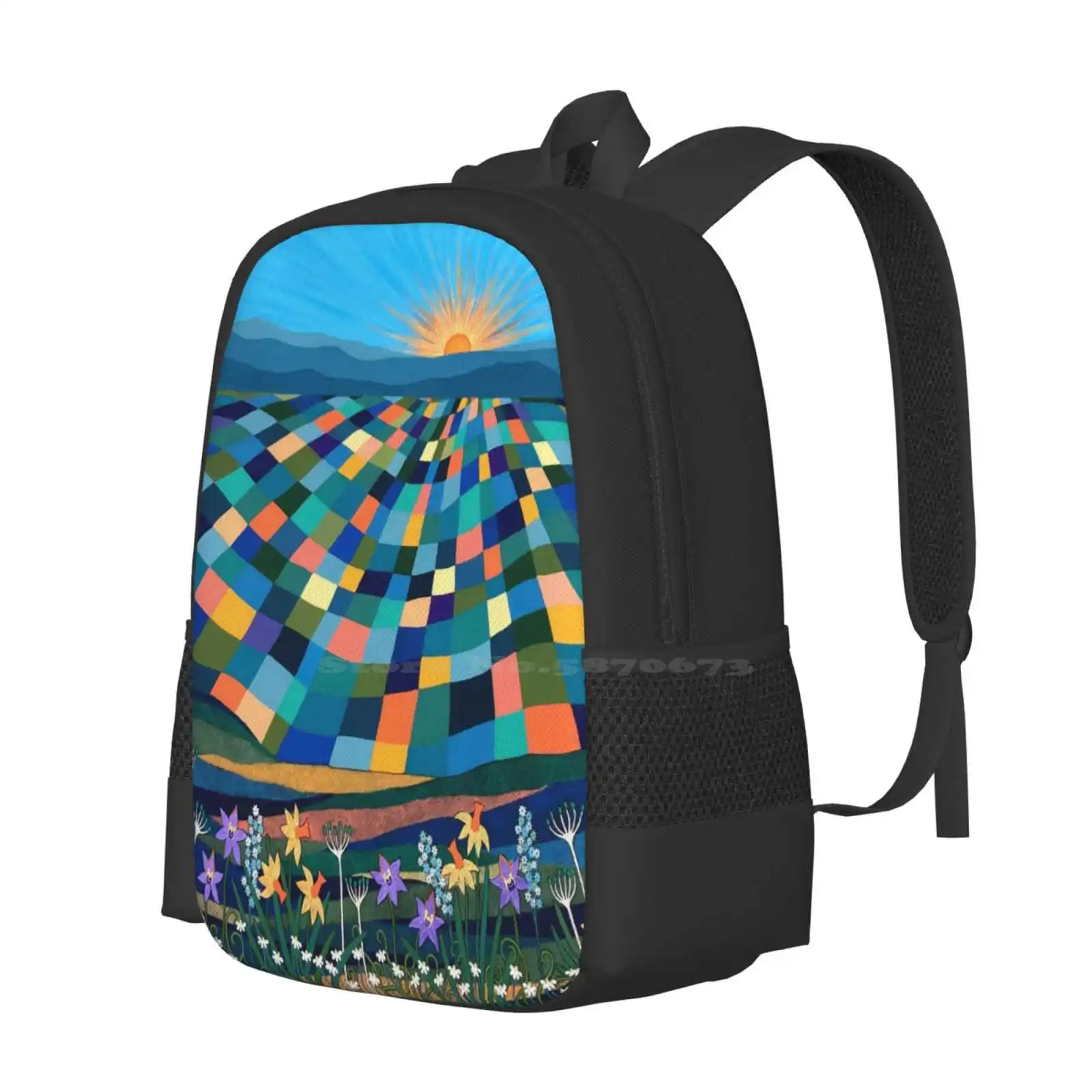 Bright Sun Shiny Day Pattern Design Laptop Travel School Bags Day Landscape Abstract Modern Contemporary Patchwork Hills