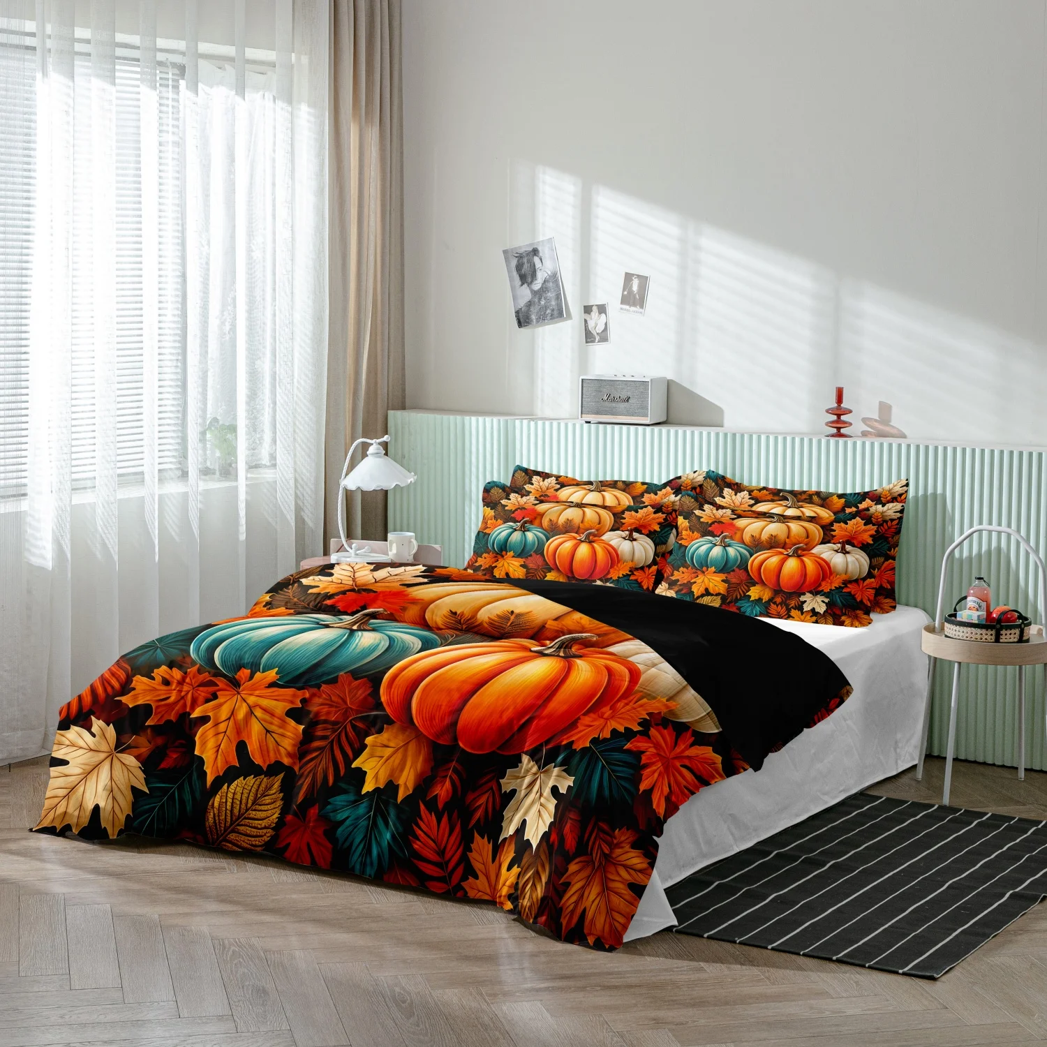 3 Pieces Colorful Pumpkin Maple Leaf Print Duvet Cover Set, Teal Orange White Pumpkin Autumn Fall Harvest Print Bedding