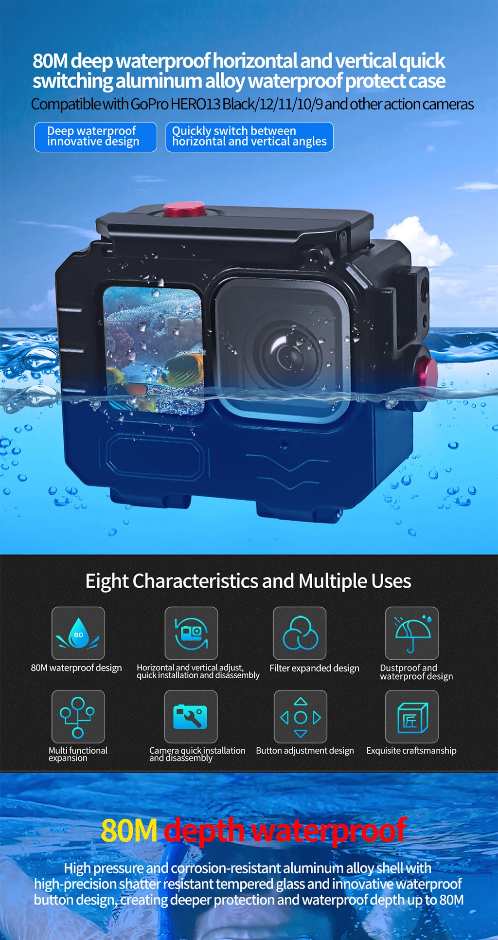 Aluminiumlegierung Tauchgehäuse IP68 Wasserdichtes Gehäuse für Gopro 13 12 11 10 Actionkamera Unterwasser-Vlog-Schale Schutzrahmen – Detail 2