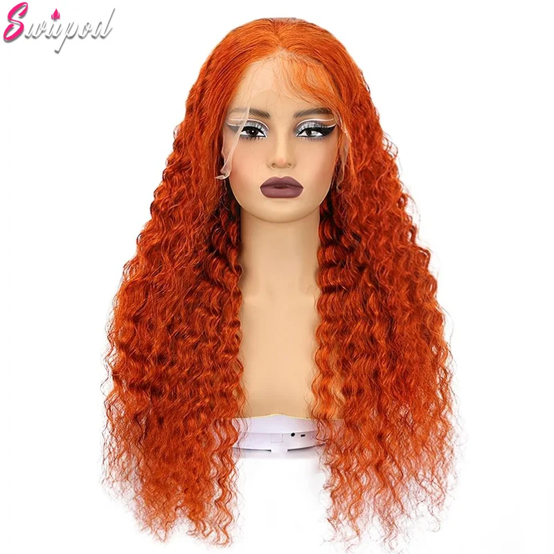 Swupod 13x4 13x6 220% Density Transparent HD Lace Front Wig for Women Deep Wave Remy Human Hair Ginger Orange 350# Loose Curly