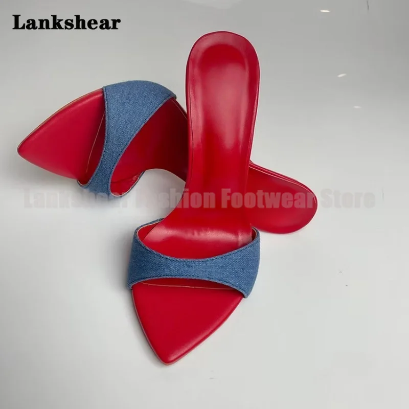 

Demin Pointy Toe Stiletto Mules Slippers Sexy Patchwork Red Inside Sandals Elegant Women Shoes Summer Sandalias De Mujer Verano