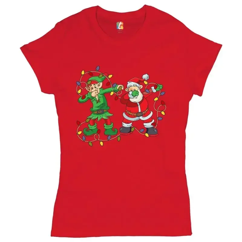 Elf and Santa Claus Dab Dancing TShirt Merry and Bright Christmas Women's Tee