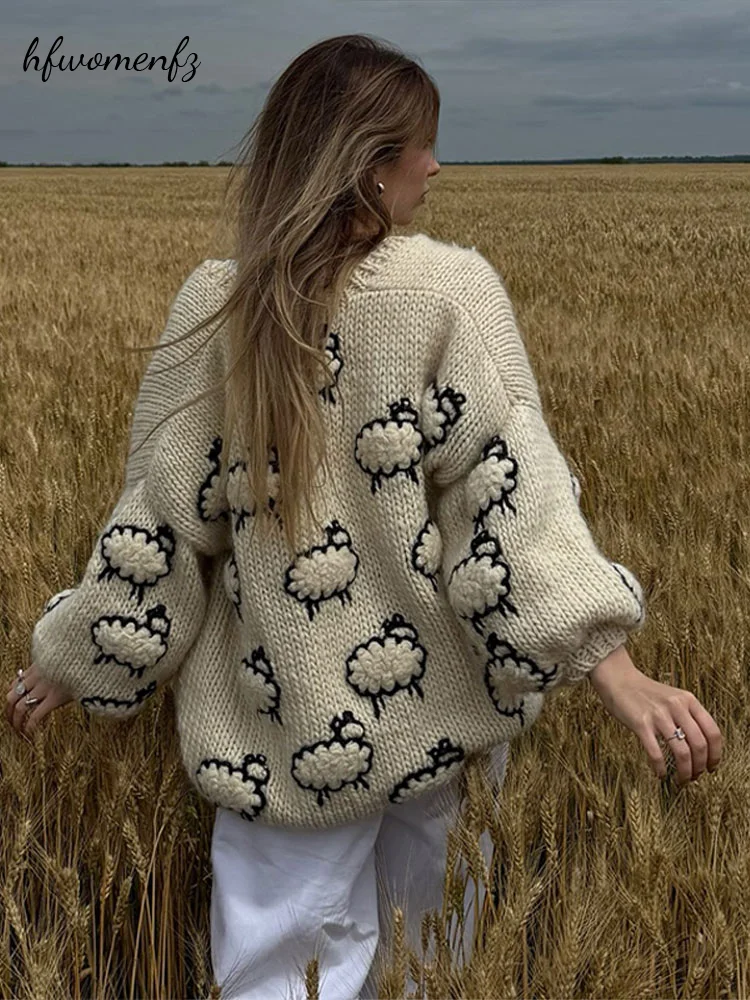 Women's Sheep Knit Cardigan V‑Neck Open Front Loose Long Sleeve Sweater Female 2026 Autumn Winter Lady All-matching Knitwear