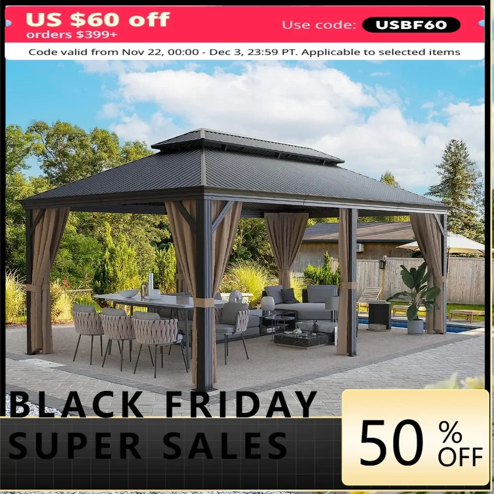 12'x20' Hardtop Metal Gazebo, Aluminum Frame Permanent Pavilion with Netting ， Outdoor Galvanized Steel Double Roof Canopy.